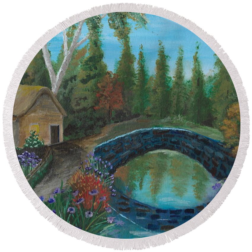 Woods Round Beach Towel featuring the painting Place in the woods by David Bigelow
