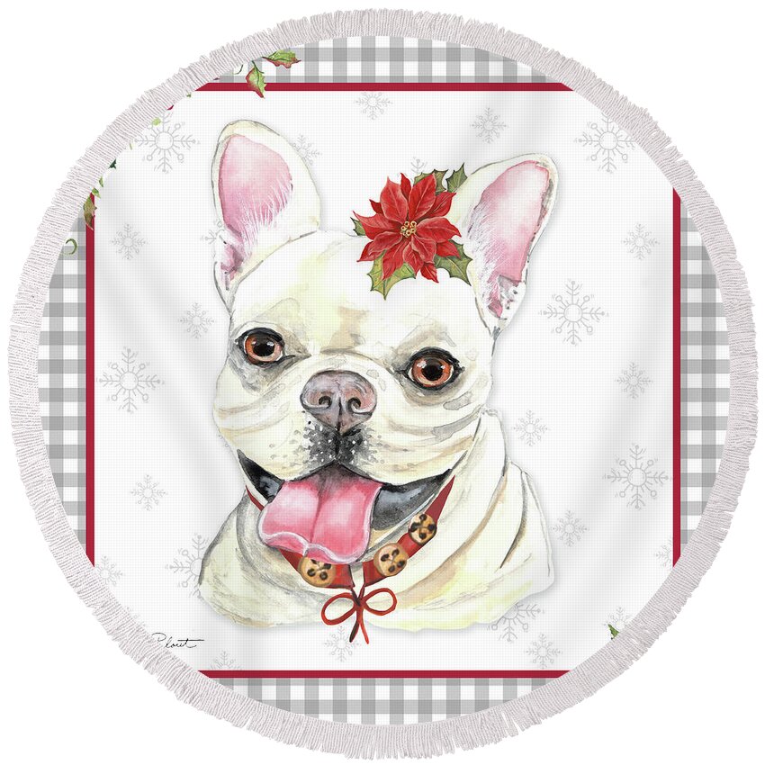 Dog Round Beach Towel featuring the painting Plaid Christmas with Dog G by Jean Plout