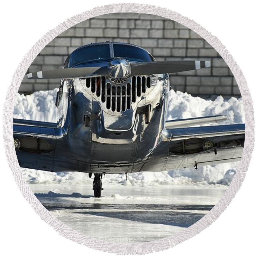 Alton Bay Round Beach Towel featuring the photograph Plane on Ice by Steve Brown