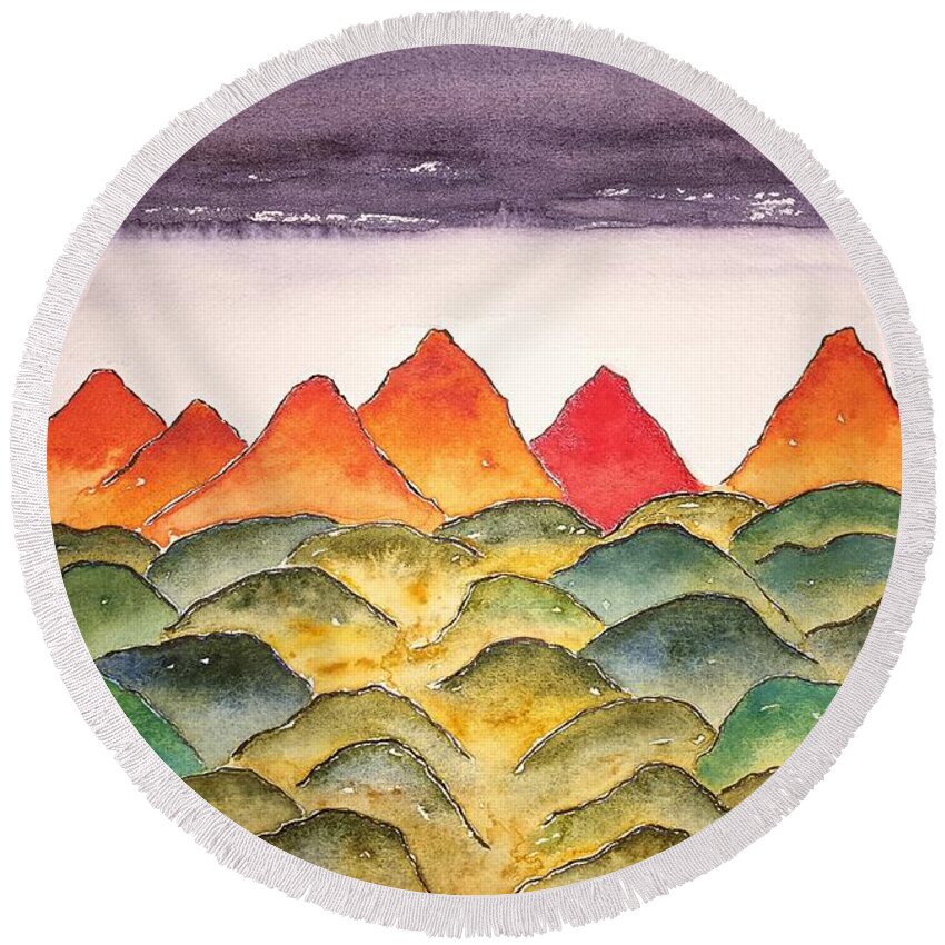 Watercolor Round Beach Towel featuring the painting Planetscape Gamma by John Klobucher