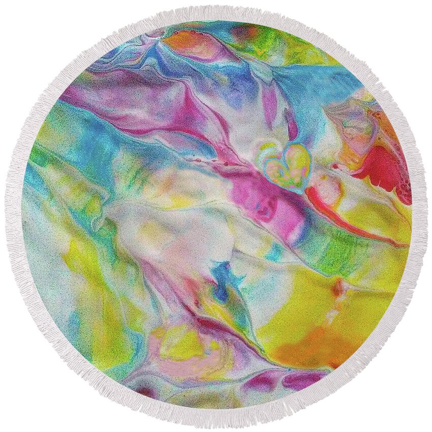 Colorful Abstract Heart Acrylic Round Beach Towel featuring the painting Play Day by Deborah Erlandson