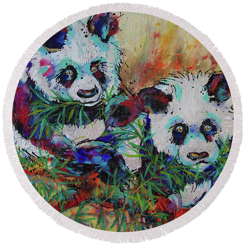 Pandas Round Beach Towel featuring the painting Playful Giant Pandas by Jyotika Shroff