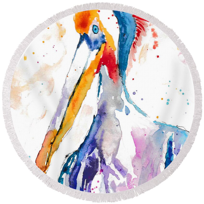 Pelican Round Beach Towel featuring the painting Playful Pelican by Bonny Puckett