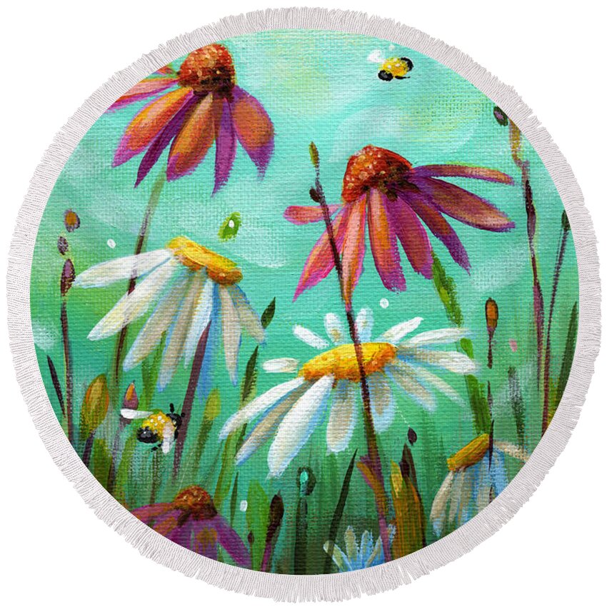 Flowers Round Beach Towel featuring the painting Playground Friends - Cone Flowers and Daisies by Annie Troe