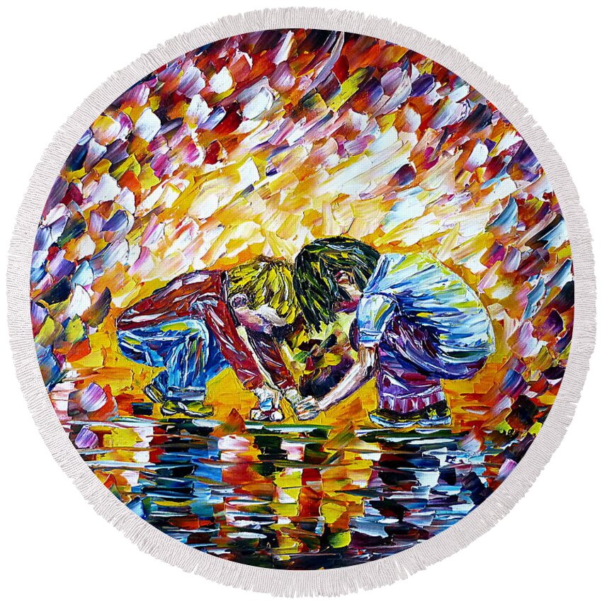 First Love Round Beach Towel featuring the painting Playing Children by Mirek Kuzniar