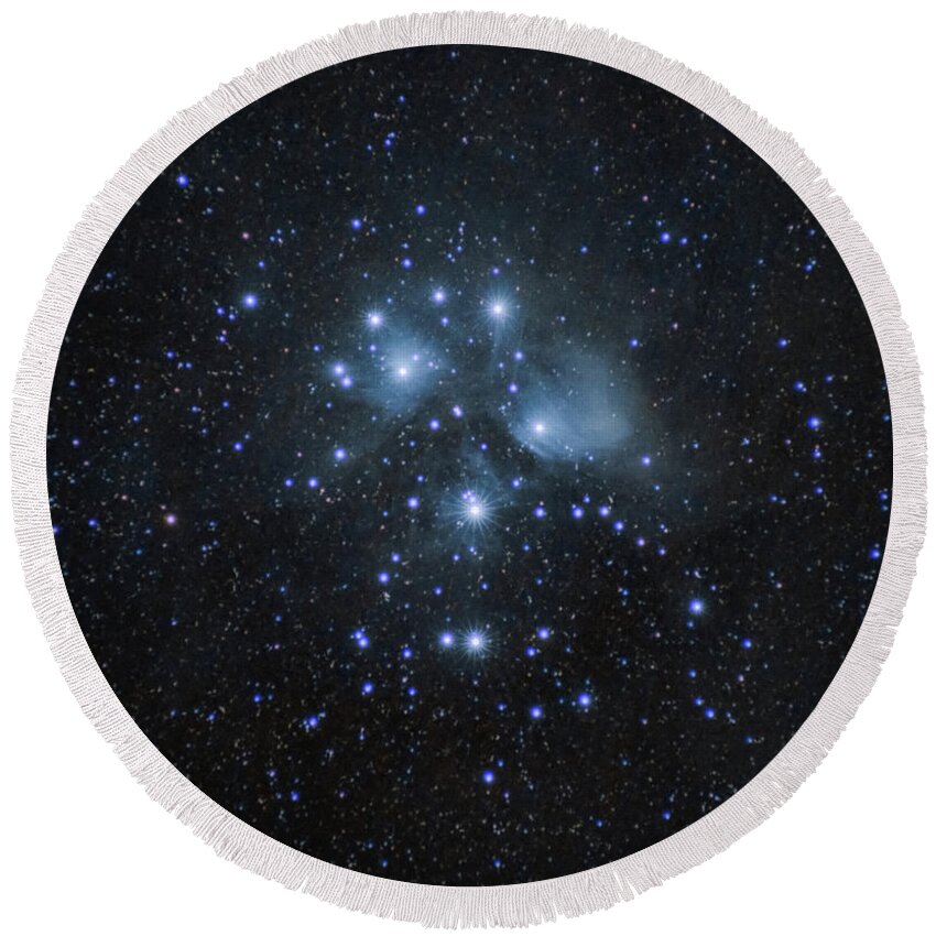 Astrophotography Round Beach Towel featuring the photograph Pleiades Star Cluster by Grant Twiss