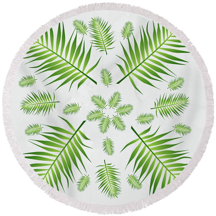 Palm Round Beach Towel featuring the digital art Plethora of Palm Leaves 21 on a White Textured Background by Ali Baucom