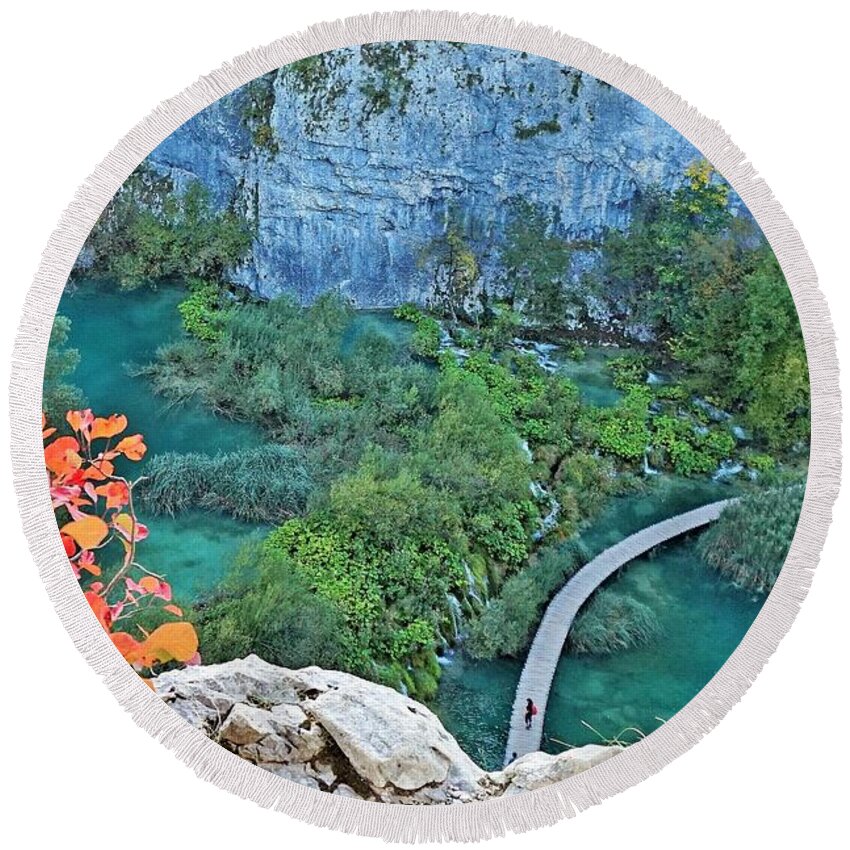Plitvice Lakes Round Beach Towel featuring the photograph Plitvice Lakes View From Above by Yvonne Jasinski