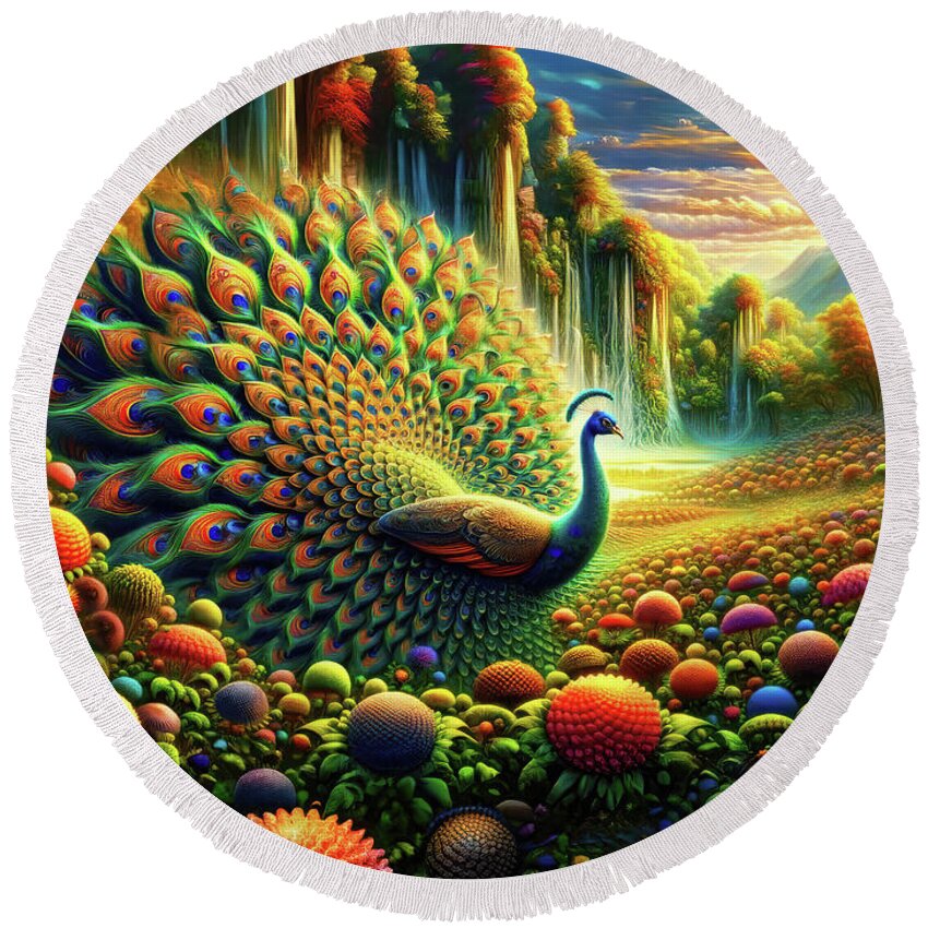 Peacock Round Beach Towel featuring the digital art Plume Paradise by Bill and Linda Tiepelman