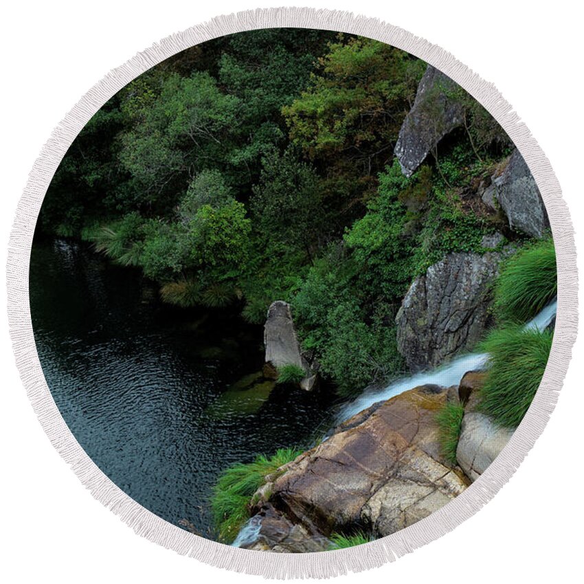 Waterfall Round Beach Towel featuring the photograph Poco Negro waterfall from above in Carvalhais 3 by Angelo DeVal