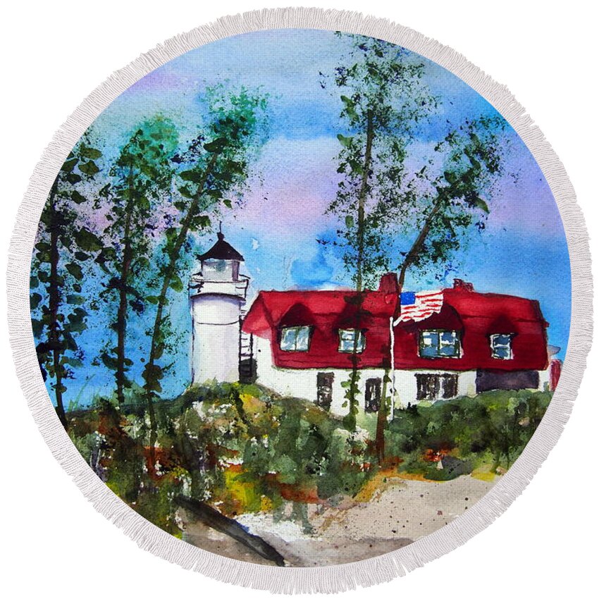 Michigan Round Beach Towel featuring the painting Point Betsie lighthouse by Jacquelin Bickel