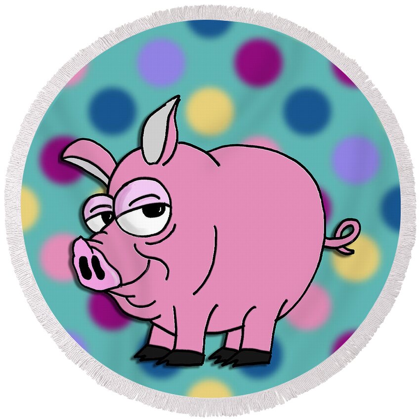 Children's Art Round Beach Towel featuring the mixed media Polka Dot Animals ...Sassy Pig by Kelly Mills