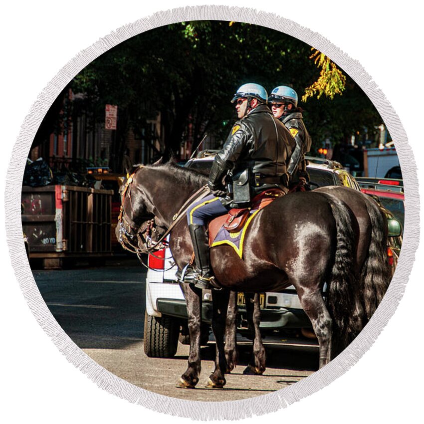 Chelsea Round Beach Towel featuring the photograph Police on Horse Back in NYC by Louis Dallara