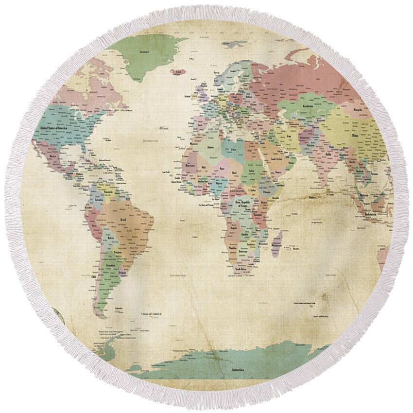 World Map Round Beach Towel featuring the digital art Political Map of the World Map Old Style by Michael Tompsett