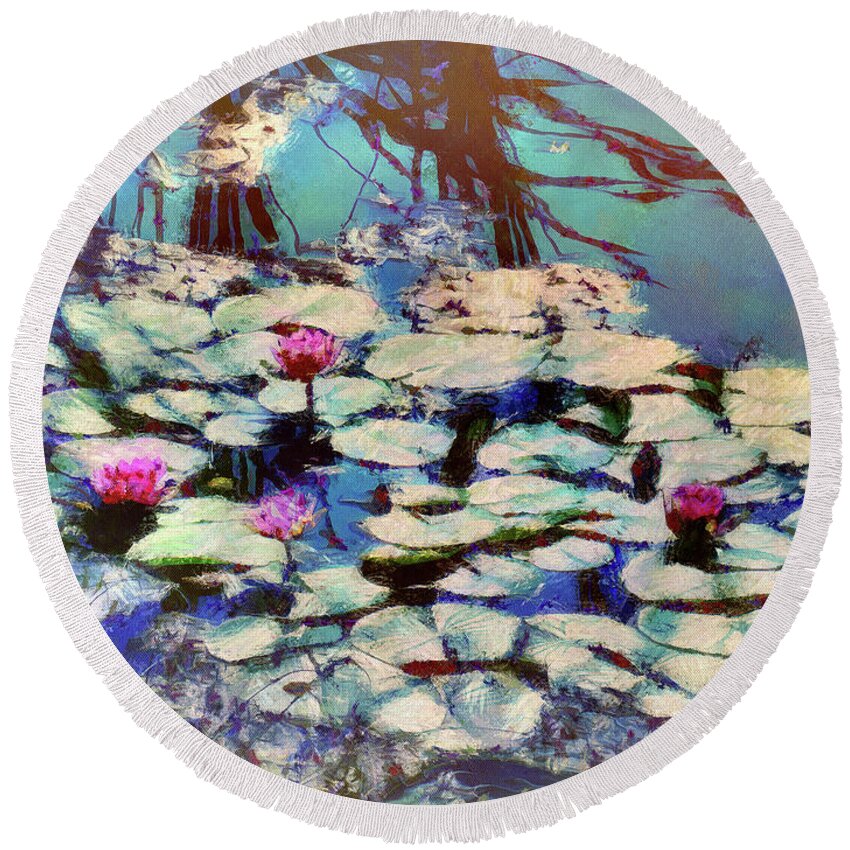Pond Round Beach Towel featuring the mixed media Pond Lilies at the End of Summer by Christopher Reed
