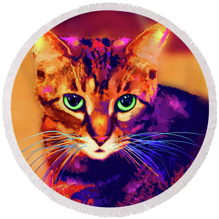 Popcatart Round Beach Towel featuring the painting pOpCat Sissy by DC Langer