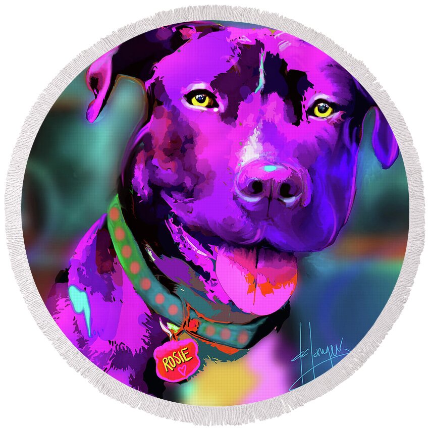Popdog Round Beach Towel featuring the painting pOpDog Rosie by DC Langer