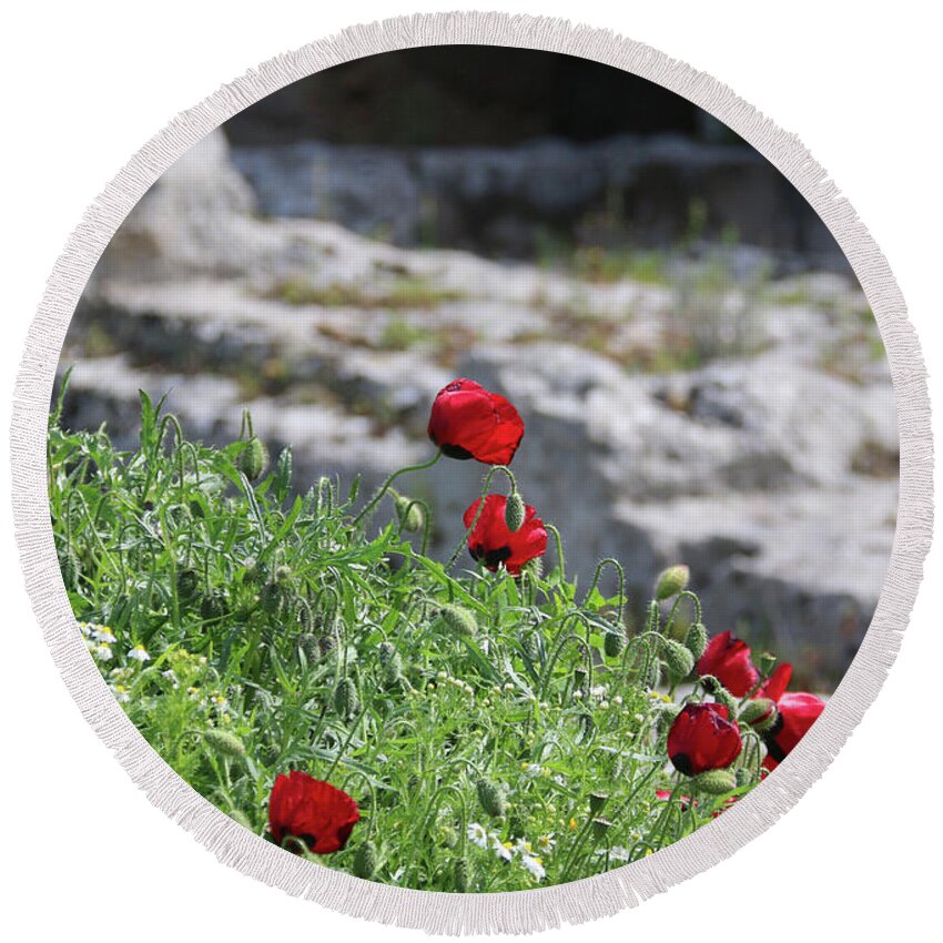 Poppies Round Beach Towel featuring the photograph Poppies and Ruins by M Kathleen Warren