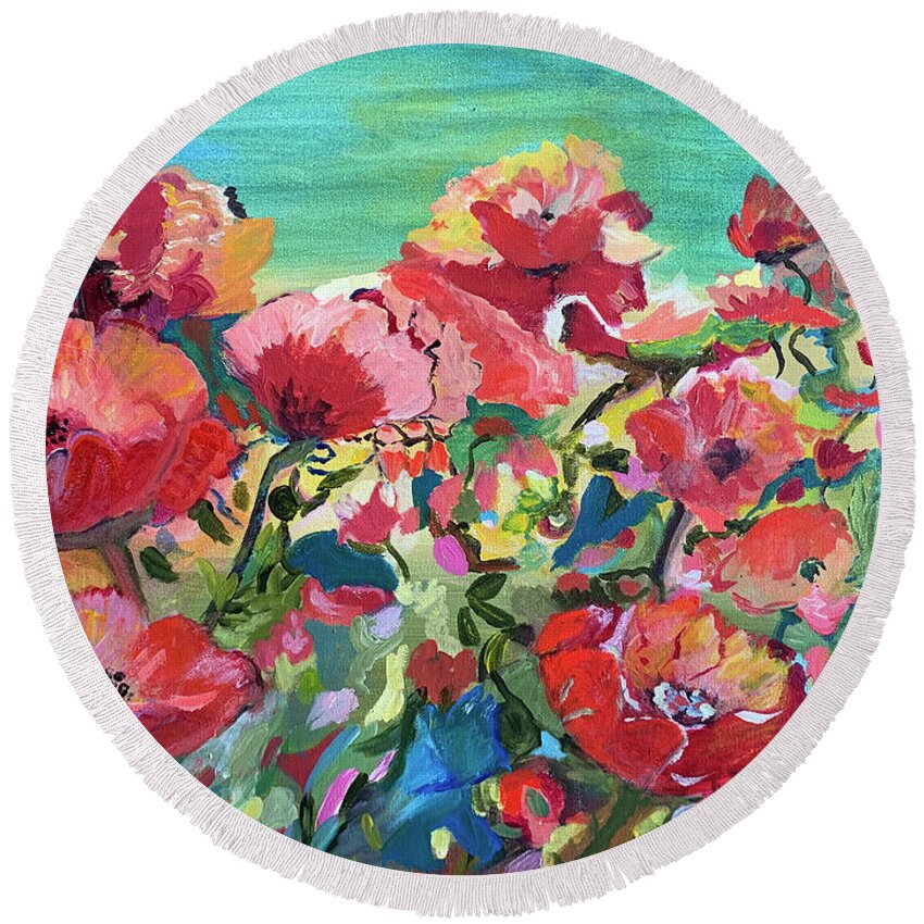 Blue Round Beach Towel featuring the painting Poppies and wind by Genevieve Holland