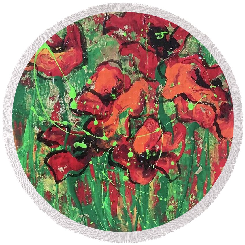 Poppies Round Beach Towel featuring the painting Poppies in the Sun by Elaine Elliott
