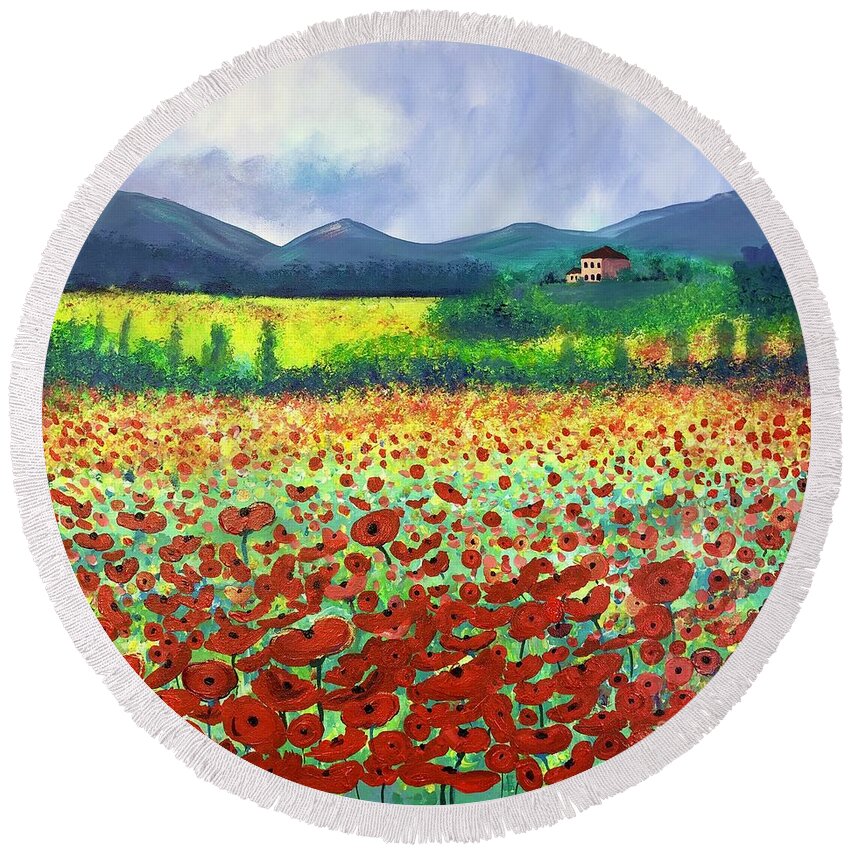 Poppies Round Beach Towel featuring the painting Poppies in Tuscany by Stacey Zimmerman