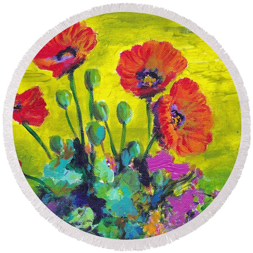 Garden Round Beach Towel featuring the painting Poppies by Jodie Marie Anne Richardson Traugott     aka jm-ART