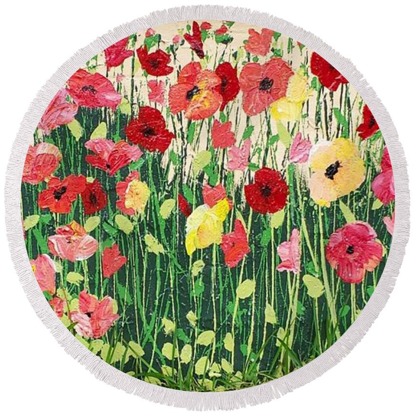 Mural Round Beach Towel featuring the painting Poppies mural by Merana Cadorette