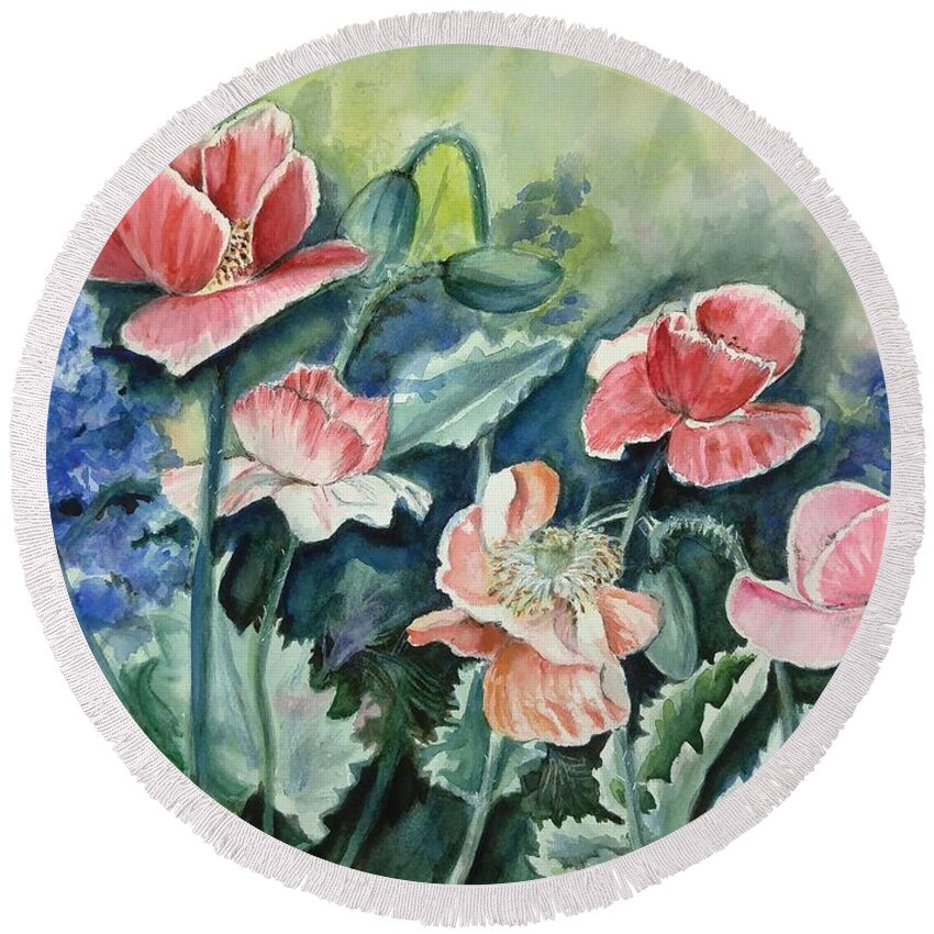 Poppies Round Beach Towel featuring the painting Poppy Revival by Sonia Mocnik