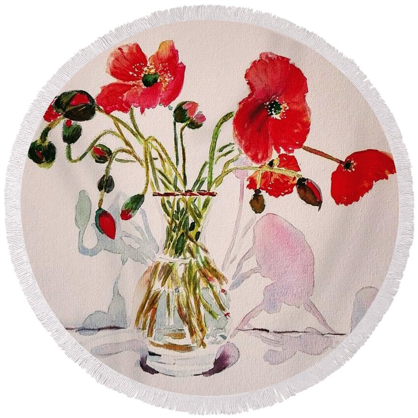 Flowers Round Beach Towel featuring the painting Poppy Vase by Sandie Croft