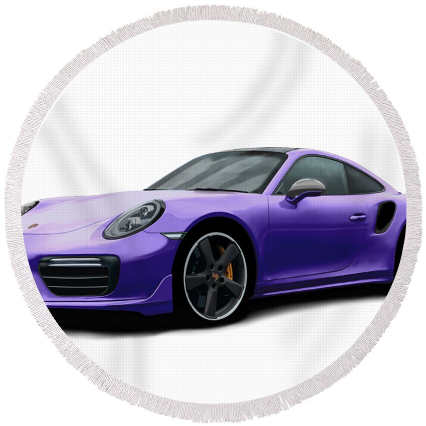 Hand Drawn Round Beach Towel featuring the digital art Porsche 911 991 Turbo S Digitally Drawn - Purple by Moospeed Art