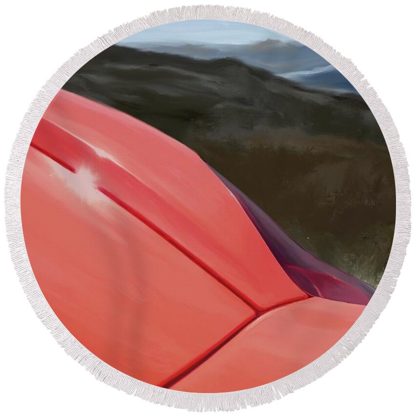 Hand Drawn Round Beach Towel featuring the digital art Porsche Boxster 981 Curves Digital Oil Painting - Cherry Red by Moospeed Art
