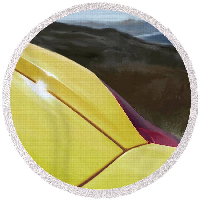 Hand Drawn Round Beach Towel featuring the digital art Porsche Boxster 981 Curves Digital Oil Painting - Racing Yellow by Moospeed Art