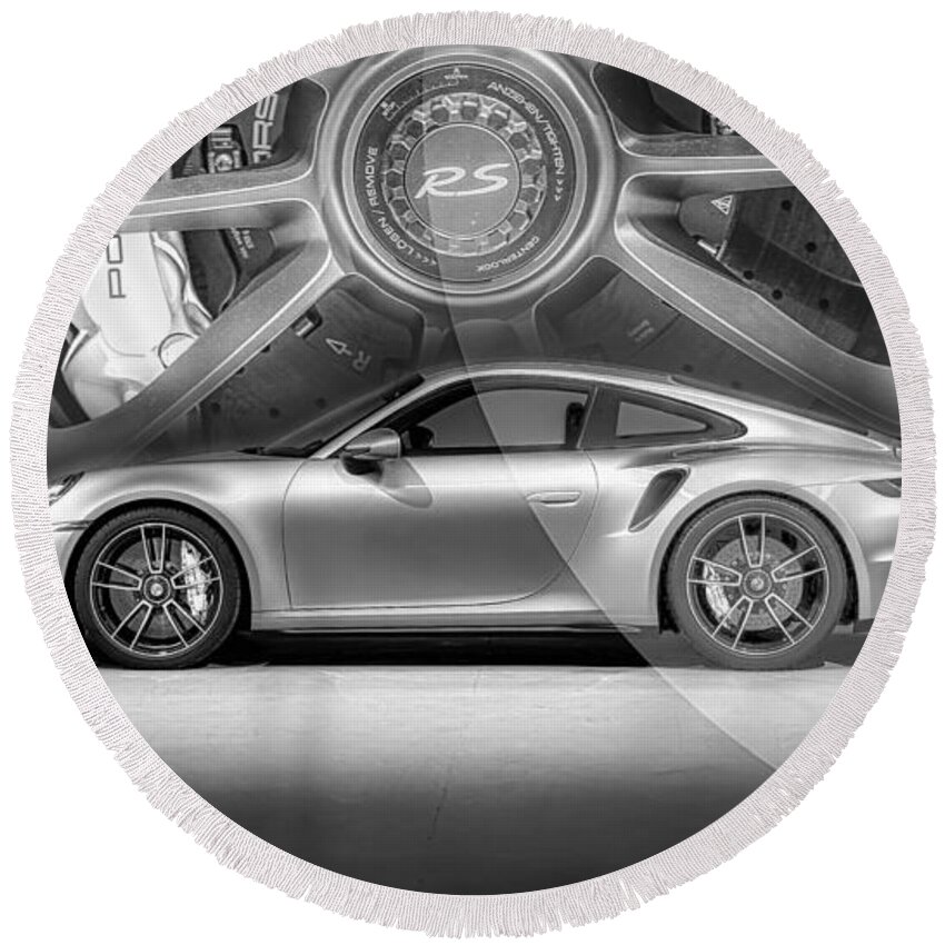Porsche 991 Round Beach Towel featuring the photograph Porsche Poster Wall Art Black and White by Stefano Senise