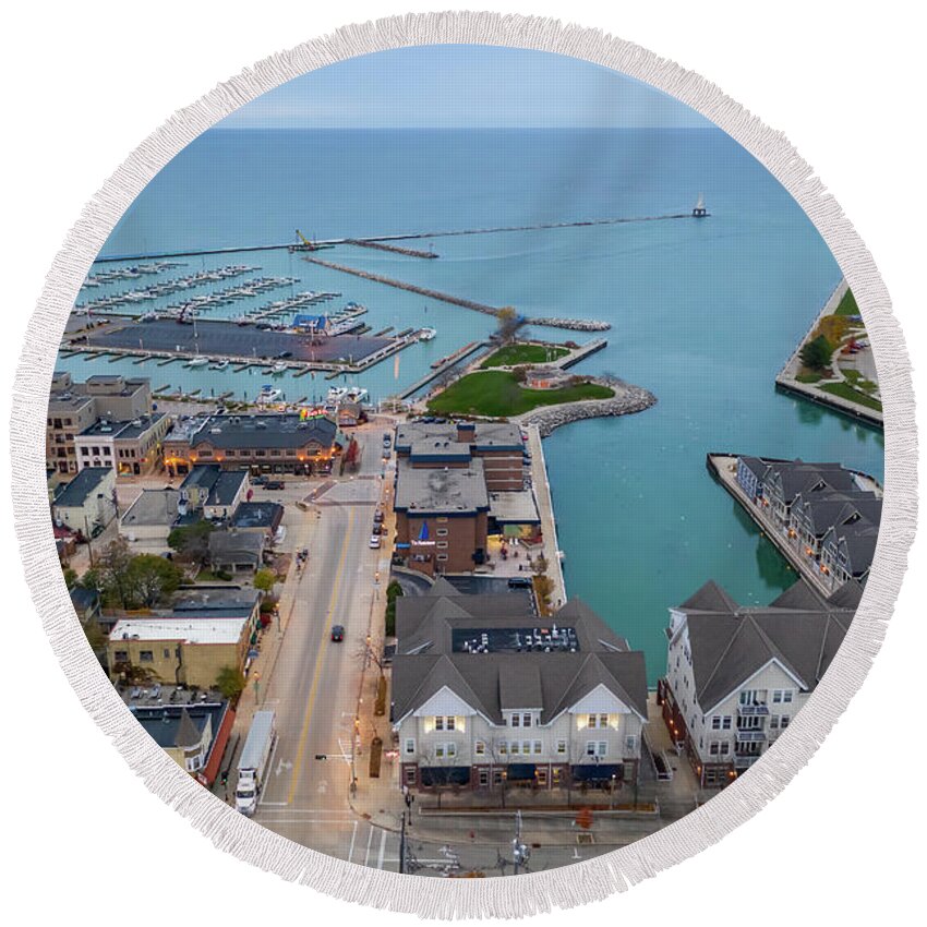 Aerial Round Beach Towel featuring the photograph Port Washington Marina Aerial Oct 2020 by James Meyer