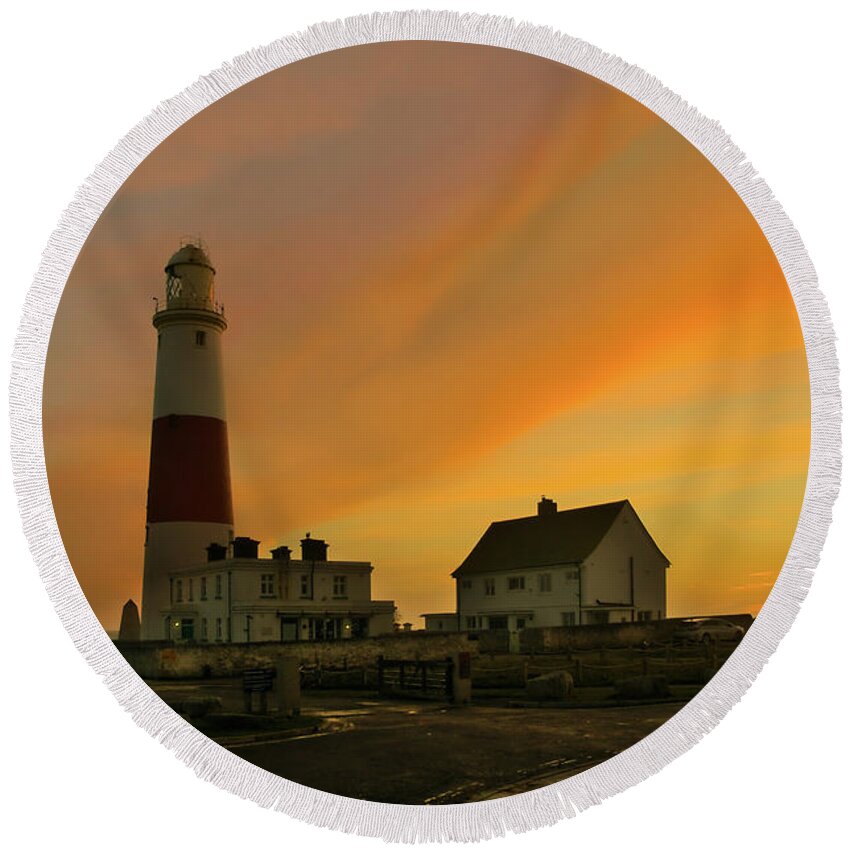 Portland Bill Round Beach Towel featuring the photograph Portland Bill Lighthouse at Sunset by Alan Ackroyd