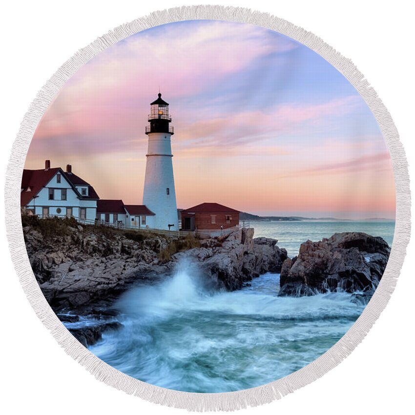 Architecture Round Beach Towel featuring the photograph Portland Head Lighthouse by Chad Dutson