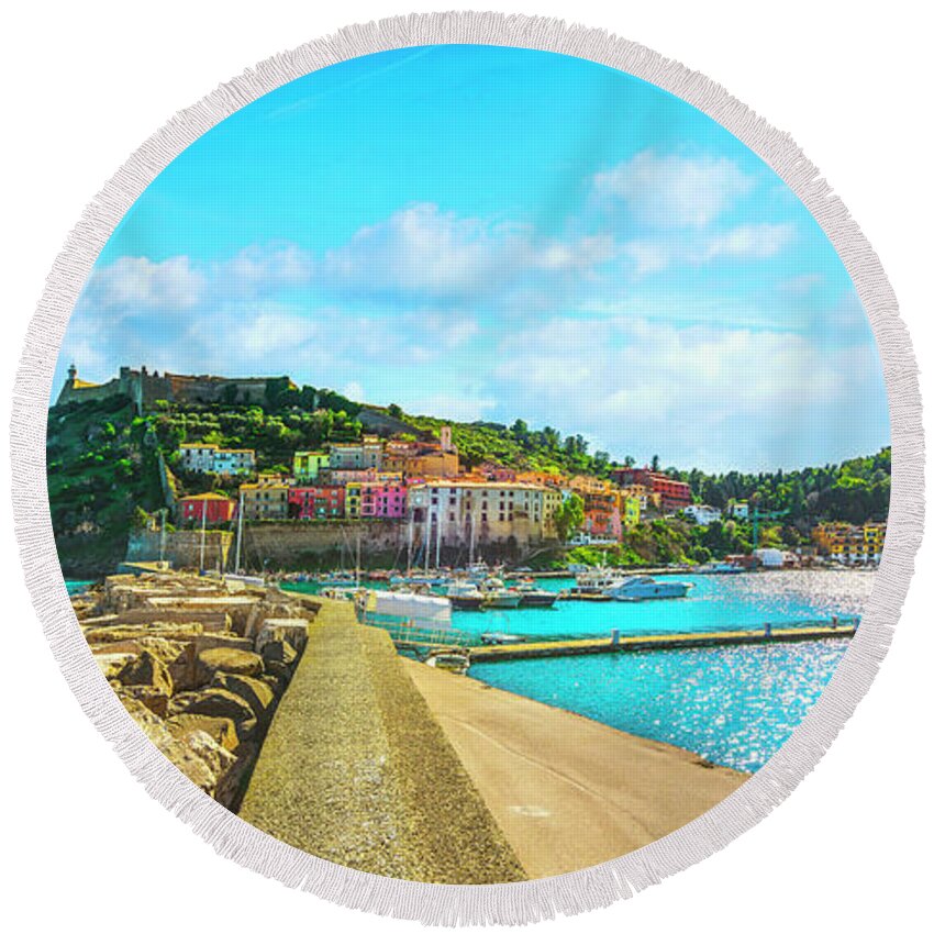 Porto Round Beach Towel featuring the photograph Porto Ercole panoramic view. Tuscany by Stefano Orazzini