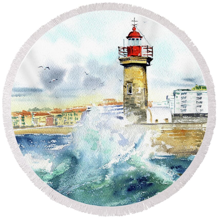 Porto Round Beach Towel featuring the painting Porto Felgueiras Lighthouse Painting by Dora Hathazi Mendes