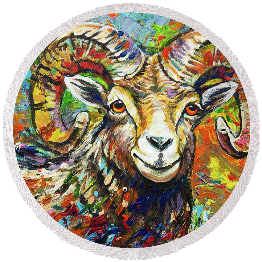 Wildlife Round Beach Towel featuring the painting Portrait - Bighorn Sheep by Aaron Spong