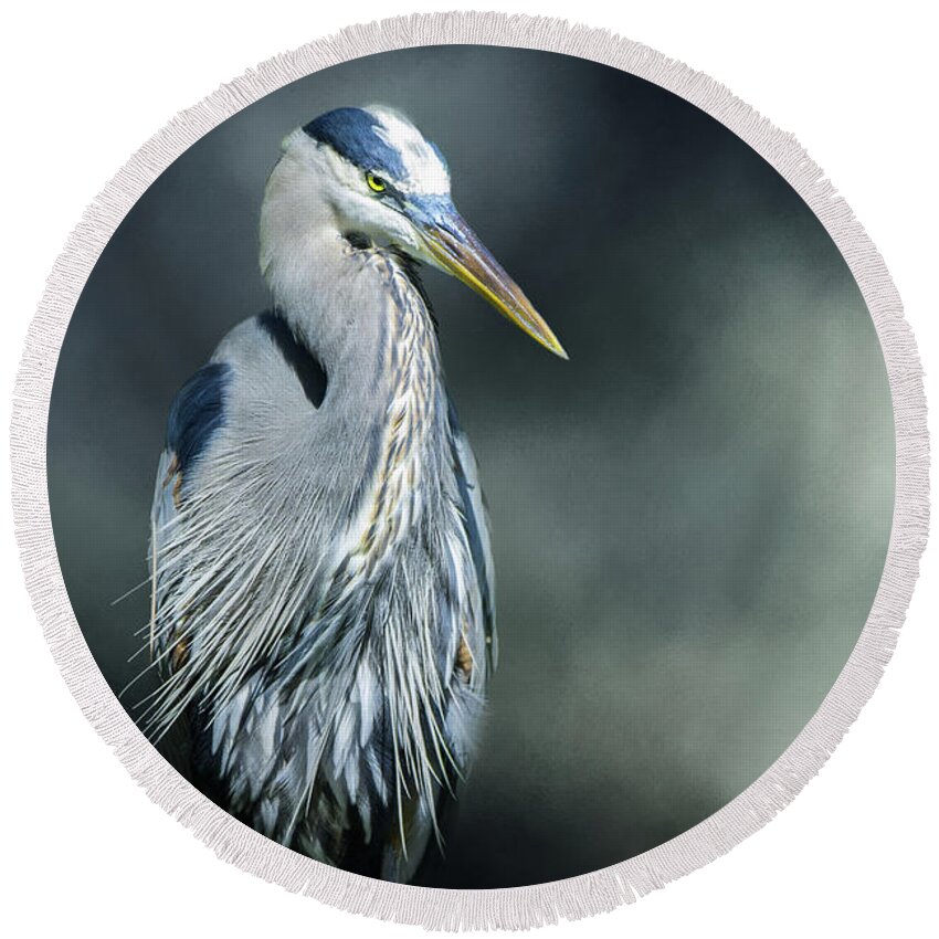 Animal Round Beach Towel featuring the mixed media Portrait of a Great Blue Heron by Ed Taylor