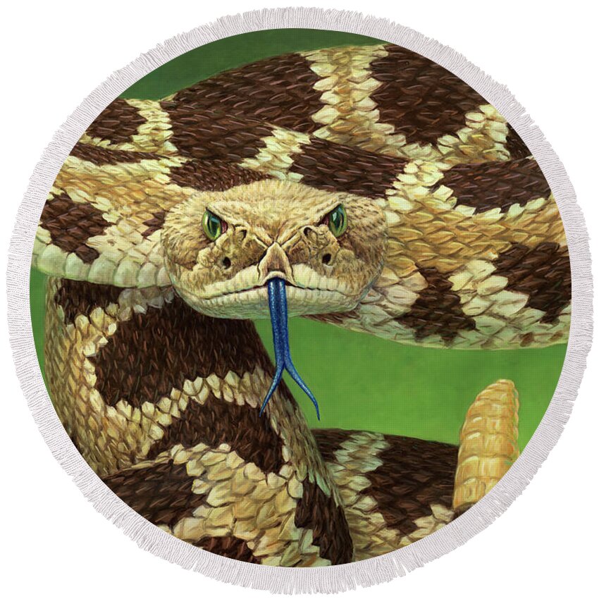Rattlesnake Round Beach Towel featuring the painting Portrait of a Rattlesnake by James W Johnson