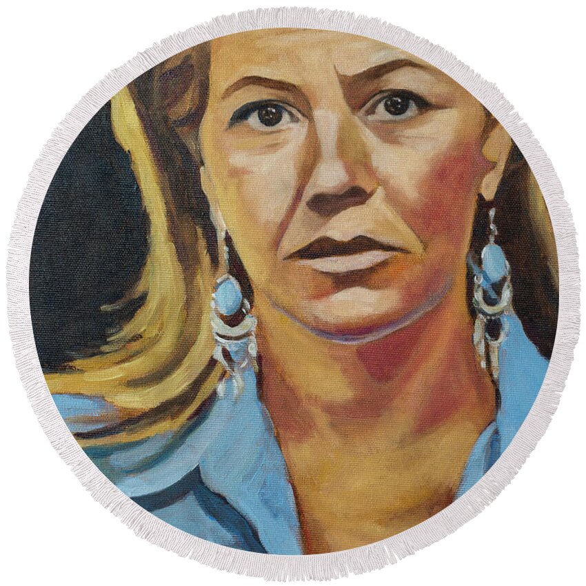 Oil Round Beach Towel featuring the painting Portrait of my wife by Pablo Avanzini