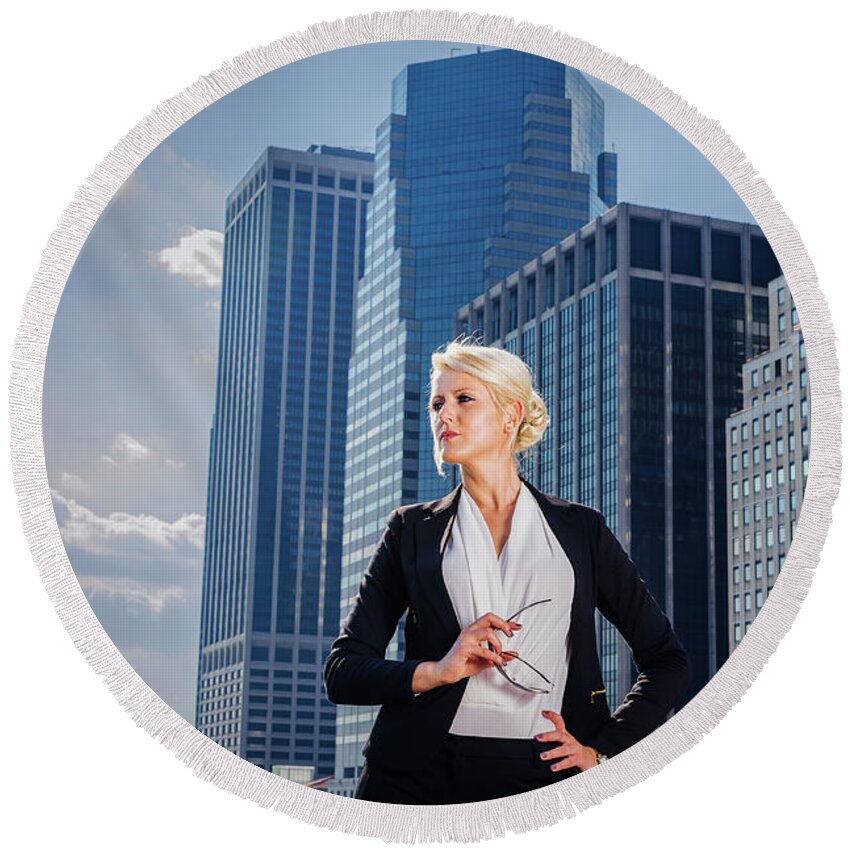 Young Round Beach Towel featuring the photograph Portrait of Young Businesswoman in New York City by Alexander Image