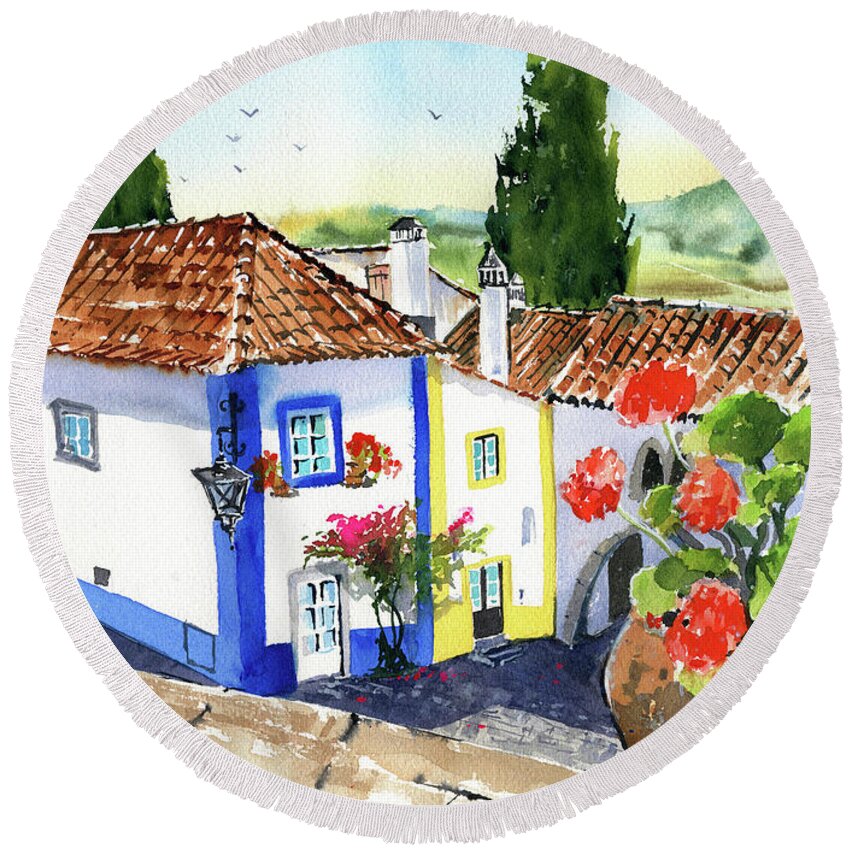 Portugal Round Beach Towel featuring the painting Portugal Obidos Painting by Dora Hathazi Mendes