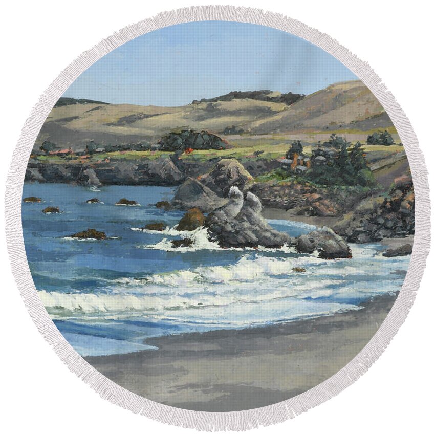 Landscape Round Beach Towel featuring the painting Portuguese Beach by PJ Kirk