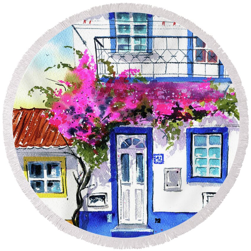 Portugal Round Beach Towel featuring the painting Portuguese House with Bougainvillea Painting by Dora Hathazi Mendes