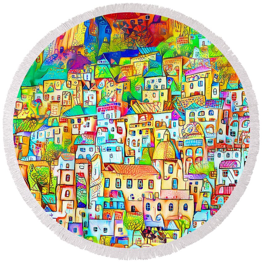 Wingsdomain Round Beach Towel featuring the photograph Positano Fishing Village Amalfi Coast Campania Italy in Vibrant Whimsical Colors 20210708 by Wingsdomain Art and Photography