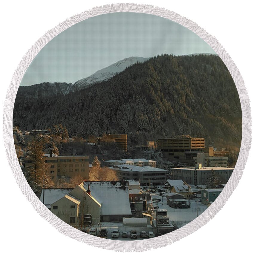 #juneau #alaska #ak #winter #cold #capitalcity #snow #postcard #downtownjuneau #vacation #morning #dawn Round Beach Towel featuring the photograph Postcard Capital by Charles Vice