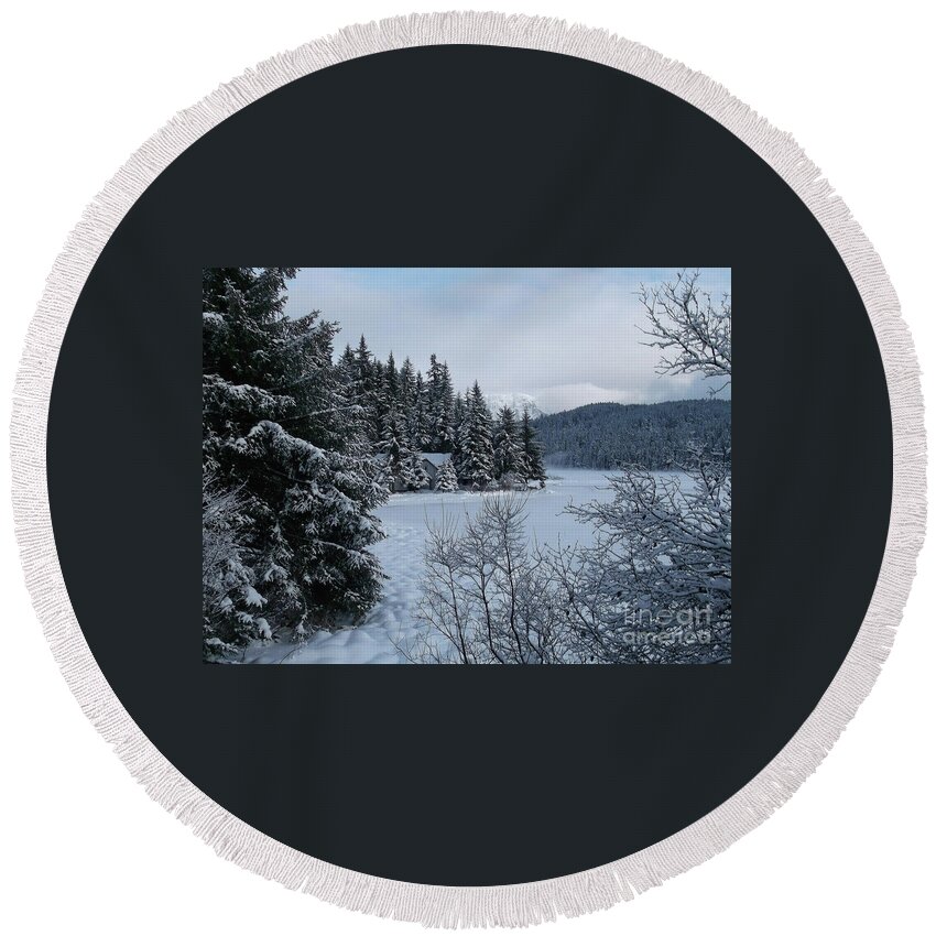 #alaska #juneau #ak #cruise #tours #vacation #peaceful #aukelake #snow #winter #cold #postcard #morning #dawn Round Beach Towel featuring the photograph Postcard-esque by Charles Vice
