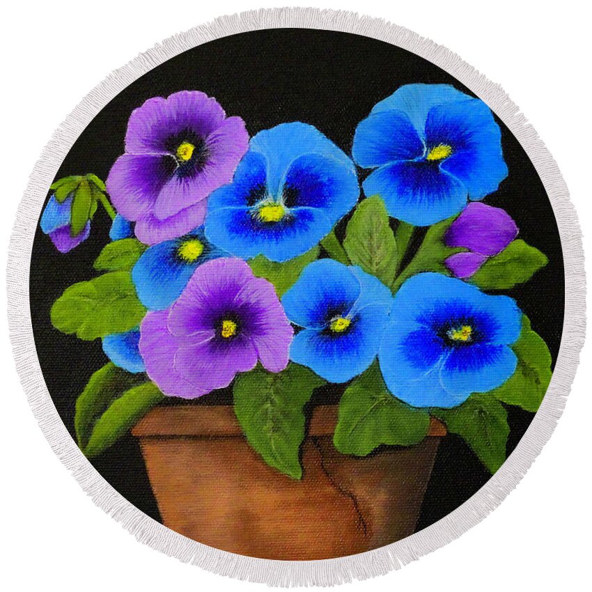 Pansies Round Beach Towel featuring the painting Potted Pansies by Shirley Dutchkowski